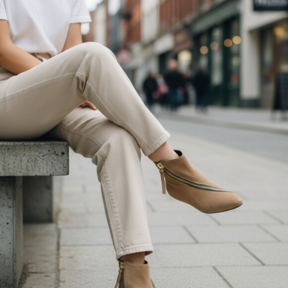 Giuseppe Zanotti Beige Nubuck Leather Exposed Gold Accent Zipper Ankle Boot, 36 - Picture 1 of 11